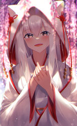 Rule 34 | 1girl, :d, absurdres, animal ears, animal hood, blurry, blurry background, blurry foreground, blush, brown eyes, commentary request, depth of field, fake animal ears, flower, grey hair, hair between eyes, hands up, highres, hood, hood up, japanese clothes, jewelry, kimono, long hair, long sleeves, looking at viewer, obi, open mouth, original, own hands together, purple flower, ring, sash, smile, solo, suisen-21, uchikake, upper body, white kimono, wide sleeves, wisteria
