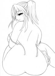 Rule 34 | 1girl, ass, bottomless, bra, curvy, female focus, from behind, gomesu, long hair, looking back, monochrome, open bra, ponytail, simple background, sitting, smile, solo, underwear, white background
