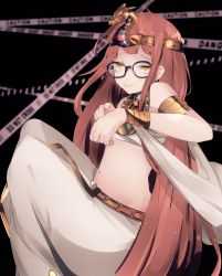 Rule 34 | 10s, 1girl, armlet, bad id, bad twitter id, bare shoulders, caution tape, egyptian clothes, glasses, highres, jewelry, long hair, navel, orange hair, persona, persona 5, sakura futaba, shadow (persona), solo, yellow eyes