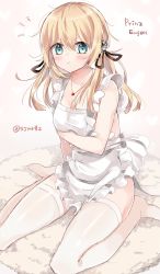 Rule 34 | 10s, 1girl, apron, blonde hair, blush, jewelry, kantai collection, long hair, naked apron, necklace, pout, prinz eugen (kancolle), shijima (sjmr02), sitting, solo, twintails, wariza
