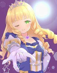 Rule 34 | 1girl, absurdres, blonde hair, gloves, green eyes, heanna sumire, highres, long hair, looking at viewer, love live!, love live! superstar!!, one eye closed, puffy sleeves, smile, solo, white gloves, yutuki ame
