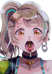 Rule 34 | 1girl, brown hair, eyebrow piercing, female focus, forest (4423), forked tongue, grey hair, highres, light brown hair, long hair, love live!, love live! school idol project, minami kotori, nose piercing, open mouth, piercing, solo, tongue, tongue piercing, uvula