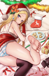 Rule 34 | 1girl, abigail williams (fate), ass, blonde hair, blue eyes, blue panties, blush, bow, breasts, christmas stocking, cookie, fate/grand order, fate (series), food, forehead, hat, highres, knees together feet apart, long hair, looking at viewer, open mouth, orange bow, panties, parted bangs, plate, red hat, santa costume, santa hat, seiru (prairie), solo, striped clothes, striped panties, thighs, underwear
