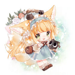 Rule 34 | 1girl, animal ears, arknights, bag, basket, black cat, blonde hair, blue hairband, blue skirt, blunt ends, blush, bobby socks, brown bag, brown footwear, cardigan, cat, chibi, colored tips, commentary request, cross-laced clothes, cross-laced skirt, cross-laced slit, crossover, fox ears, fox girl, fox tail, frilled hairband, frills, full body, green eyes, hair ornament, hair scrunchie, hairband, heixiu, in basket, keluy, kitsune, kyuubi, long hair, long sleeves, looking at viewer, luo xiaohei, luo xiaohei zhanji, multicolored hair, multiple tails, neck ribbon, official alternate costume, open mouth, puffy long sleeves, puffy sleeves, red ribbon, ribbon, round bag, scrunchie, shoulder bag, skirt, socks, suzuran (arknights), suzuran (spring praise) (arknights), tail, teeth, two-tone hair, upper teeth only, white cardigan, white hair