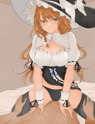 Rule 34 | 1boy, 1girl, alternate eye color, black headwear, black panties, black ribbon, blue ribbon, bow, braid, breasts, brown thighhighs, cameltoe, cleavage, cleavage cutout, closed mouth, clothed female nude male, clothing cutout, collarbone, commentary request, fingernails, frilled hat, frills, girl on top, green eyes, hat, hat bow, hetero, highres, kirisame marisa, looking at viewer, medium breasts, nail polish, necro (nekurodayo), nude, panties, pov, pov crotch, puffy sleeves, ribbon, shirt, side braid, single braid, skirt aside, smile, straddling, thighhighs, touhou, underwear, white bow, white nails, white shirt, witch hat, wristband
