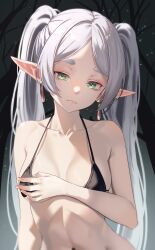 Rule 34 | 1girl, absurdres, bikini, black bikini, breasts, commentary request, drop earrings, earrings, elf, expressionless, frieren, green eyes, halterneck, highres, jewelry, junkichi gbf, long hair, looking at viewer, medium breasts, navel, night, night sky, outdoors, parted bangs, pointy ears, sky, solo, sousou no frieren, swimsuit, tree, twintails, upper body, white hair
