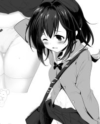Rule 34 | 1girl, accidental exposure, bag, blush, bow, bow panties, bowtie, clothes lift, commentary request, cropped legs, gluteal fold, granblue fantasy, greyscale, hair between eyes, jacket, momio, monochrome, multiple views, panties, parted lips, pleated skirt, sailor collar, shirt, shoulder bag, simple background, skirt, skirt lift, sweat, thigh gap, thighhighs, underwear, vikala (granblue fantasy), wavy mouth, white background