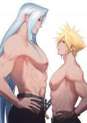 Rule 34 | 2boys, belt, blonde hair, brown gloves, cloud strife, earrings, eilinna, final fantasy, final fantasy vii, final fantasy vii remake, gloves, green eyes, hands on own hips, height difference, highres, jewelry, large pectorals, long hair, male focus, multiple boys, muscular, muscular male, pectorals, sephiroth, silver hair, square enix, sword, topless male, very long hair, weapon