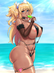 Rule 34 | 1girl, absurdres, artist request, ass, beach, black one-piece swimsuit, blonde hair, blue eyes, breasts, breasts out, curvy, dark-skinned female, dark skin, food, high heels, highleg, highleg swimsuit, highres, huge breasts, ice cream, kuro gyaru, licking, looking at viewer, navel, ocean, official alternate costume, one-piece swimsuit, onizaki kirara, slingshot swimsuit, solo, swimsuit, taimanin (series), taimanin rpgx, tan, twintails, wide hips