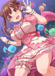 Rule 34 | 1girl, bow, brown eyes, brown hair, commentary request, dan (orange train), double bun, dress, dutch angle, frilled dress, frilled skirt, frills, gloves, hair bow, hair bun, highres, idolmaster, idolmaster poplinks, idolmaster shiny colors, long hair, looking at viewer, open mouth, puffy short sleeves, puffy sleeves, short sleeves, skirt, sonoda chiyoko, thigh strap, thighs, twintails, white gloves, wrist cuffs