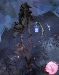 Rule 34 | 1boy, belt, belt buckle, black belt, black coat, black footwear, black pants, bloodborne, boots, buckle, clock, clock tower, coat, doc anxiety, dual persona, full moon, hat, highres, holding, holding weapon, hunter (bloodborne), lantern, long sleeves, looking at viewer, male focus, moon, night, pants, red eyes, reflection, saw, saw cleaver, tower, tricorne, weapon