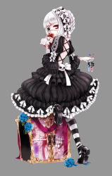 Rule 34 | 1girl, ankle strap, apt, back, bow, dress, eyepatch, flower, full body, gothic lolita, grey background, gyakushuu no fantasica, hairband, highres, lolita fashion, mary janes, official art, pantyhose, poison, potion, red eyes, shoe soles, shoes, simple background, skull, solo, striped clothes, striped pantyhose, white hair