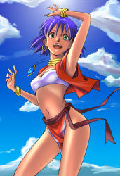 Rule 34 | 1990s (style), 1girl, armpits, arms up, bad id, bad pixiv id, bandeau, bob cut, bracelet, breasts, cloud, dark skin, dark-skinned female, day, earrings, from below, fushigi no umi no nadia, green eyes, highres, jewelry, loincloth, midriff, nadia la arwall, navel, neck ring, necklace, open mouth, pelvic curtain, purple hair, short hair, sky, small breasts, smile, solo, strapless, tube top, vest, wind, yu-yu (quelsunwell)
