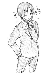 Rule 34 | 1boy, bad id, bad twitter id, collared shirt, greyscale, hand on own hip, hand on own chin, jacket, long sleeves, looking at viewer, male focus, monochrome, one eye closed, panties, parted lips, seitokai yakuindomo, shirt, simple background, sketch, solo, translation request, tsuda takatoshi, underwear, white background, yuki arare