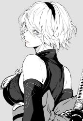 Rule 34 | 1girl, 2b (nier:automata), absurdres, bare shoulders, breasts, closed mouth, commentary request, grey background, greyscale, hair ornament, hairband, highres, japanese clothes, lips, medium breasts, mole, mole under mouth, monochrome, nier:automata, nier (series), nishiii26miii, obi, sash, short hair, simple background, sleeveless, sword, upper body, weapon