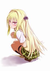 Rule 34 | 1girl, black socks, blonde hair, blush, brown footwear, closed mouth, embarrassed, female focus, from behind, full body, green skirt, hair intakes, hair ornament, hands up, kneehighs, konjiki no yami, legs together, long hair, looking at viewer, looking back, lunalu9, miniskirt, own hands together, peeing, peeing self, plaid, plaid skirt, pleated skirt, puddle, red eyes, school uniform, shirt, shoes, short sleeves, simple background, skirt, socks, solo, squatting, tears, thigh strap, to love-ru, two side up, vest, white background, white shirt, yellow vest