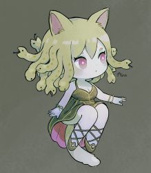 Rule 34 | 1girl, animal ears, ayu (mog), black dress, bracelet, breasts, cat ears, cat tail, cleavage, dress, full body, snake hair, green hair, grey background, jewelry, original, pale skin, parted lips, red eyes, sleeveless, sleeveless dress, snake hair, solo, symbol-only commentary, tail