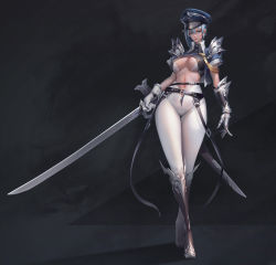 Rule 34 | 1girl, absurdres, armor, azhang, belt, black background, blue eyes, blue hair, boots, breasts, closed mouth, commentary, covered erect nipples, cropped jacket, earrings, full body, gauntlets, gloves, hat, highres, holding, holding sword, holding weapon, jacket, jewelry, knee boots, lips, medium breasts, navel, original, pants, peaked cap, red lips, sheath, short sleeves, shoulder armor, simple background, skin tight, standing, stomach, sword, weapon, white pants