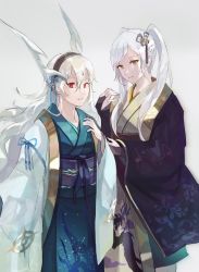 Rule 34 | 2girls, bridal gauntlets, corrin (female) (fire emblem), corrin (fire emblem), fire emblem, fire emblem awakening, fire emblem fates, gimkamres04, hair ornament, hairband, haori, highres, horns, japanese clothes, kimono, long hair, looking at viewer, multiple girls, nintendo, parted lips, pointy ears, red eyes, robin (female) (fire emblem), robin (fire emblem), silver hair, smile, twintails, yellow eyes