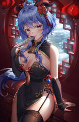 Rule 34 | 1girl, ahoge, alternate breast size, alternate costume, backlighting, bangle, bare shoulders, bell, black dress, black thighhighs, blue hair, blue nails, blush, bracelet, breasts, bridal gauntlets, brown eyes, china dress, chinese clothes, cleavage, covered collarbone, covered navel, cowbell, dress, fingernails, flower, folded fan, folding fan, ganyu (genshin impact), garter straps, genshin impact, gloves, goat horns, gold trim, hair flower, hair ornament, hand fan, hand up, highres, holding, holding fan, horns, indoors, jewelry, lantern, large breasts, lips, long fingernails, long hair, looking at viewer, nail polish, neck bell, no bra, open mouth, panties, panty straps, paper lantern, pelvic curtain, purple eyes, red flower, red ribbon, red rose, ribbon, rose, sidelocks, single thighhigh, sitting, sleeveless, sleeveless dress, smile, solo, ssong2, strapless, strapless dress, string panties, tassel, thighhighs, thighs, underwear, very long hair, window