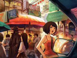 Rule 34 | 3girls, 4boys, 6+boys, apron, artist self-insert, breasts, brown eyes, brown hair, car, casual, cellphone, city, coat, crowd, double bun, everyone, fedora, food, fruit, glasses, glowing, glowing eyes, hair bun, hat, highres, koala, long hair, market, mirror, motor vehicle, multiple boys, multiple girls, opaque glasses, orange (fruit), original, outdoors, partially translated, patipat asavasena, phone, power lines, rear-view mirror, reflection, road, road sign, round eyewear, short hair, sign, skirt, small breasts, street, tank top, thai text, translation request, trench coat, vehicle, when you see it
