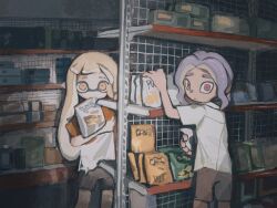 Rule 34 | 1boy, 1girl, black shorts, closed mouth, dr mice, food, highres, holding, holding food, indoors, inkling, inkling girl, inkling player character, long hair, looking at viewer, nintendo, octoling, octoling boy, octoling girl, octoling player character, orange eyes, orange hair, pointy ears, purple hair, red eyes, shelf, shirt, shop, shorts, splatoon (series), tentacle hair, torn clothes, white shirt