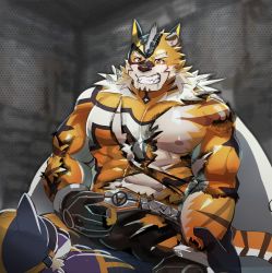 Rule 34 | 2boys, animal ears, bara, bodysuit, bulge, bulge to ass, covered abs, facial hair, furry, furry male, furry with furry, goatee, grin, highres, imminent anal, imminent penetration, large pectorals, live a hero, male focus, mask, multiple boys, muscular, muscular male, neumo, nipples, orange bodysuit, paid reward available, pants, pectorals, ryekie (live a hero), short hair, sitting, sitting on person, smile, solo focus, tiger boy, tiger ears, torn bodysuit, torn clothes, torn pants, yaoi