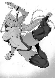Rule 34 | 1girl, action, animal ears, armpits, backlighting, boku no hero academia, breasts, clenched hand, crescent print, dark-skinned female, dark skin, debris, full body, fur collar, gloves, greyscale, grin, hand up, highres, large breasts, long eyelashes, long hair, looking at viewer, mirko, monochrome, mugetsu2501, muscular, muscular female, parted bangs, rabbit ears, rabbit tail, simple background, smile, solo, tail, thighhighs, very long hair, white background