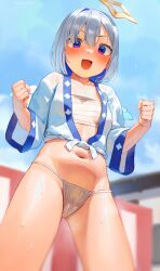 Rule 34 | 1girl, absurdres, amane kanata, bandages, blue eyes, blush, embarrassed, flat chest, floating hair ornament, frikulu, fundoshi, hand up, happi, highres, hololive, japanese clothes, looking at viewer, looking down, mini wings, multicolored hair, navel, open mouth, outdoors, short hair, sky, spread legs, sweat, sweatdrop, tongue, two-tone eyes, two-tone hair, v-shaped eyebrows, virtual youtuber, wings