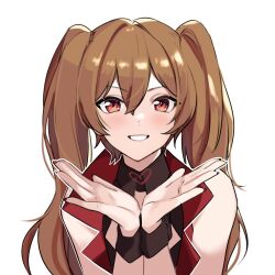 Rule 34 | 1girl, alternate hair length, alternate hairstyle, bare arms, bare shoulders, brown hair, commentary, grin, heart, jacket, long hair, looking at viewer, meiko (vocaloid), open hands, red eyes, red jacket, red nails, simple background, sleeveless, sleeveless jacket, smile, solo, straight-on, twintails, upper body, very long hair, vocaloid, white background, wrist cuffs, yen-mi