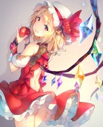 Rule 34 | 1girl, adapted costume, ass, back cutout, bare shoulders, blonde hair, clothing cutout, commentary request, cowboy shot, crystal, deecha, detached sleeves, flandre scarlet, flower, food, from behind, fruit, garter straps, grey background, grin, hair between eyes, hat, hat flower, hat ribbon, highres, holding, holding food, holding fruit, looking at viewer, looking back, mob cap, panties, panty peek, petticoat, puffy short sleeves, puffy sleeves, red eyes, red flower, red ribbon, red rose, red skirt, red vest, ribbon, rose, short hair, short sleeves, skirt, skirt set, smile, solo, standing, thighs, touhou, underwear, vest, white hat, white panties, wings