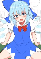 Rule 34 | 1girl, absurdres, blue dress, blue eyes, blue hair, cirno, dress, facing viewer, highres, legs apart, looking at viewer, open mouth, ribbon, short hair, simple background, sitting, tksand, touhou