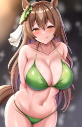Rule 34 | 1girl, :q, absurdres, animal ears, arms behind back, bikini, black background, bow, breasts, brown eyes, brown hair, closed mouth, collarbone, commentary request, ear ribbon, green bikini, green ribbon, highres, horse ears, horse girl, horse tail, large breasts, long hair, looking at viewer, mitomumitomu, navel, ribbon, satono diamond (umamusume), smile, solo, swimsuit, tail, thigh gap, thighs, tongue, tongue out, umamusume