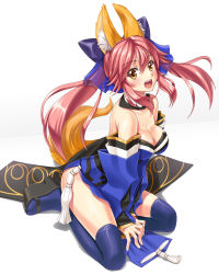 Rule 34 | 10s, 1girl, animal ears, bare shoulders, blue thighhighs, bow, breasts, cleavage, detached sleeves, fate/extra, fate (series), fox ears, fox tail, geta, hair bow, hair ribbon, highres, hobenkei, japanese clothes, large breasts, pink hair, ribbon, solo, tail, tamamo (fate), tamamo no mae (fate/extra), thighhighs, twintails, yellow eyes