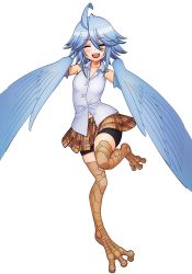 Rule 34 | 1girl, :d, ^ ^, ahoge, bird legs, blue hair, blue wings, blush, breasts, brown skirt, closed eyes, commentary request, digitigrade, closed eyes, facing viewer, feathered wings, feathers, harpy, highres, medium hair, monster girl, monster musume no iru nichijou, official alternate costume, official art, okayado, open mouth, papi (monster musume), pleated skirt, second-party source, shirt, shorts, shorts under skirt, simple background, skirt, sleeveless, sleeveless shirt, small breasts, smile, solo, standing, standing on one leg, white background, white shirt, winged arms, wings