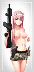 Rule 34 | 10s, 1girl, ammunition belt, aqua eyes, belt, breasts, camouflage, camouflage shorts, collarbone, cowfee, darling in the franxx, gun, hair over breasts, hairband, highres, holding, holding weapon, horns, knife, long hair, medium breasts, navel, nipples, pink hair, rifle, sheath, shorts, smile, solo, straight hair, topless, watermark, weapon, white hairband, zero two (darling in the franxx)
