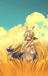 Rule 34 | 1girl, aqua sky, arknights, bare shoulders, blonde hair, chinese commentary, closed eyes, closed mouth, cloud, commentary request, crossed arms, dragon girl, dragon horns, earrings, facing viewer, field, hair between eyes, hair intakes, highres, holding, holding plant, horns, jacket, jewelry, jpeg artifacts, light smile, long hair, long sleeves, multicolored hair, necklace, off shoulder, open clothes, open jacket, outdoors, plant, pointy ears, purple hair, ri xing yi le 194662, sheaf, shu (arknights), sketch, sky, solo, standing, very long hair, wheat, wheat field, white hair, white jacket