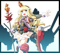 Rule 34 | 1girl, :d, armpits, azur lane, blonde hair, blue eyes, border, bow, bowtie, cannon, commentary, covered navel, crown, fang, glove bow, gloves, hair bow, hairband, highres, ishiyumi, long hair, open mouth, outside border, queen elizabeth (azur lane), rigging, simple background, smile, solo, staff, turret, white background, white gloves