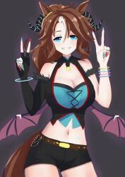 Rule 34 | 1girl, absurdres, animal ears, belt, black background, black gloves, black shirt, black shorts, blue eyes, blue shirt, breasts, brown belt, brown hair, cleavage, cleavage cutout, clothing cutout, commentary, cowboy shot, demon horns, demon wings, double v, ear ornament, elbow gloves, fingernails, gloves, grin, half-closed eyes, hatinanasan8787, highres, horns, horse ears, horse girl, horse tail, large breasts, long fingernails, looking at viewer, low wings, medium hair, mejiro palmer (devil in the moonlight) (umamusume), mejiro palmer (umamusume), midriff, multicolored hair, nail polish, navel, official alternate costume, shirt, short shorts, shorts, simple background, single glove, sleeveless, sleeveless shirt, smile, solo, standing, streaked hair, tail, two-tone shirt, umamusume, v, very long fingernails, white hair, wings