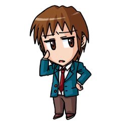 Rule 34 | 00s, 1boy, brown eyes, brown hair, brown pants, buttons, chibi, collared shirt, expressionless, full body, hand on own face, jacket, jitome, kyon, long sleeves, looking at viewer, male focus, necktie, open clothes, open jacket, pants, parted lips, raamen, red necktie, school uniform, shirt, solo, standing, suzumiya haruhi no yuuutsu, unbuttoned, white shirt, wing collar