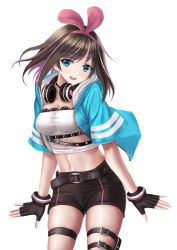 Rule 34 | 1girl, :d, arisku, belt, belt buckle, black belt, black gloves, blue eyes, blue jacket, breasts, brown hair, brown shorts, buckle, cleavage, commentary request, crop top, fingerless gloves, gloves, hair ribbon, hairband, head tilt, headphones, headphones around neck, heart, highres, hood, hood down, hooded jacket, jacket, kizuna ai, kizuna ai (a.i. games), kizuna ai inc., medium breasts, midriff, multicolored hair, navel, official alternate costume, open clothes, open jacket, open mouth, pink hair, pink hairband, pink ribbon, ribbon, round teeth, shirt, short shorts, short sleeves, shorts, simple background, smile, solo, streaked hair, teeth, thigh strap, two-tone hair, upper teeth only, virtual youtuber, white background, white shirt, wide sleeves