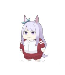 Rule 34 | 1girl, :t, animal ears, arms at sides, bow, chibi, closed mouth, ear bow, fat, food, food on face, full body, highres, horse ears, horse girl, horse tail, jacket, long hair, long sleeves, mejiro mcqueen (umamusume), nazono77, obese, pants, purple eyes, red jacket, red pants, solo, standing, tail, tracen training uniform, track jacket, umamusume