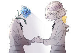 Rule 34 | 2boys, azanaya nie, black ribbon, blue eyes, blue flower, bow, brothers, child, claude desaulniers, collared shirt, flower, hair bow, half-closed eyes, headless, holding hands, identity v, joseph desaulniers, long hair, long sleeves, looking down, low ponytail, male focus, multiple boys, neck ribbon, ponytail, ribbon, shirt, siblings, spot color, twins, wet, white background, yellow bow, aged down