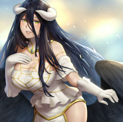 Rule 34 | 1girl, albedo (overlord), bare shoulders, black feathers, black hair, black wings, breasts, cleavage, collarbone, demon girl, demon horns, demon wings, detached collar, dress, elbow gloves, feathered wings, feathers, gloves, hair between eyes, hip vent, horns, large breasts, long hair, looking at viewer, low wings, nhaliz, open mouth, overlord (maruyama), simple background, slit pupils, smile, solo, very long hair, white dress, white gloves, wings, yellow eyes