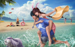 Rule 34 | beach, carrying, cooking, couple, douluo dalu, friends, grill, grilling, hat, highres, piggyback, running, splashing, straw hat, summer, tang san, xiao wu (douluo dalu)