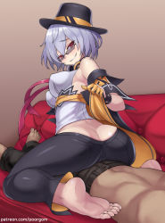 Rule 34 | 1boy, 1girl, ass, bare shoulders, barefoot, blue hair, breasts, brown background, butt crack, cameltoe, couch, detached sleeves, feet, girls&#039; frontline, grin, hat, large breasts, looking at viewer, looking over eyewear, looking over glasses, lying, on back, poorgom, red eyes, short hair, simple background, sitting, smile, soles, solo focus, sunglasses, thompson (girls&#039; frontline), tinted eyewear, toes, wariza