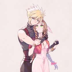 Rule 34 | 1boy, 1girl, aerith gainsborough, arm around neck, artist name, bangle, belt, black gloves, blonde hair, blue eyes, blue shirt, bracelet, braid, braided ponytail, breasts, brown belt, brown hair, buttons, cha niao (strxscs), choker, closed mouth, cloud strife, couple, cropped jacket, dated, dress, final fantasy, final fantasy vii, final fantasy vii rebirth, final fantasy vii remake, gloves, green eyes, hair between eyes, hair ribbon, hand on another&#039;s arm, hetero, holding hands, hug, hug from behind, interlocked fingers, jacket, jewelry, medium breasts, multiple belts, parted bangs, pink dress, pink ribbon, red jacket, ribbon, ribbon choker, shirt, short hair, short sleeves, sidelocks, single bare shoulder, single braid, sleeveless, sleeveless turtleneck, spiked hair, suspenders, turtleneck, upper body, wavy hair