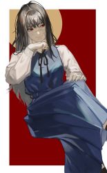 Rule 34 | 1girl, absurdres, black ribbon, blue skirt, border, chainsaw man, closed mouth, cross scar, facial scar, feet out of frame, grey hair, hand on own chin, hand on own knee, hanny (uirusu chan), highres, long hair, long skirt, long sleeves, looking to the side, red background, red eyes, ribbon, ringed eyes, scar, scar on cheek, scar on face, school uniform, shirt, sitting, skirt, smile, solo, two-tone background, white border, yellow background, yoru (chainsaw man)