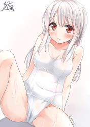 Rule 34 | 1girl, arm support, bad id, bad pixiv id, bare legs, bare shoulders, blush, breasts, cameltoe, collarbone, commentary request, covered navel, karutamo, long hair, looking at viewer, medium breasts, old school swimsuit, one-piece swimsuit, original, red eyes, school swimsuit, silver hair, simple background, sitting, smile, solo, spread legs, suggestive fluid, swimsuit, tisshu (karutamo), white background, white one-piece swimsuit