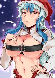 Rule 34 | 1girl, belt bra, blue hair, breasts, cleavage, hat, heiseikorotaisei, kamishirasawa keine, large breasts, lips, long hair, midriff, multicolored hair, navel, night, night sky, open clothes, open shirt, red eyes, santa hat, shirt, sky, snowing, solo, touhou, two-tone hair